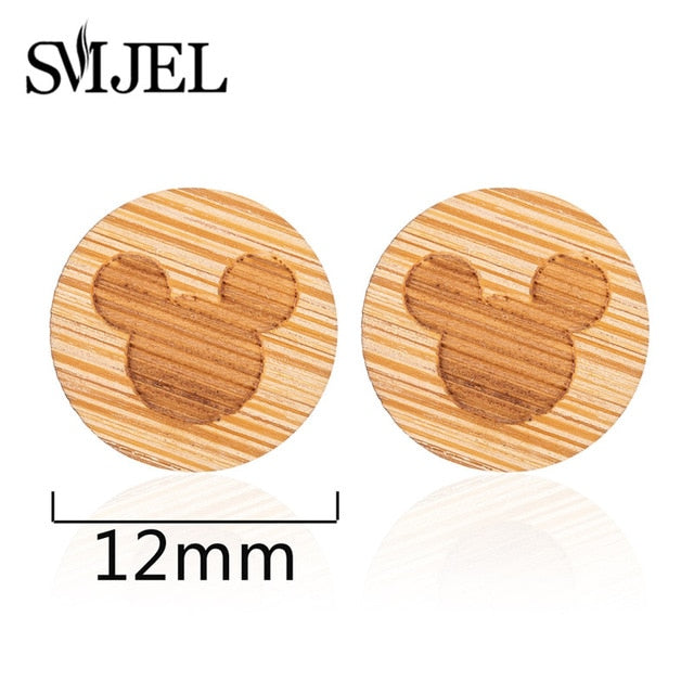 SMJEL Wood Earings Jewelry Cute Animal Fox Stud Earring for Women Girls Kids Mickey Ear Earrings Piercing Pendients Party Gifts