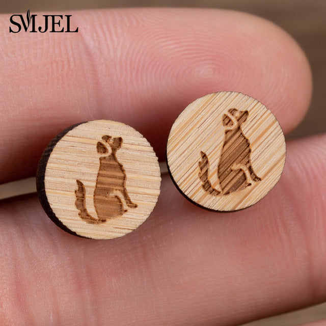 SMJEL Wood Earings Jewelry Cute Animal Fox Stud Earring for Women Girls Kids Mickey Ear Earrings Piercing Pendients Party Gifts