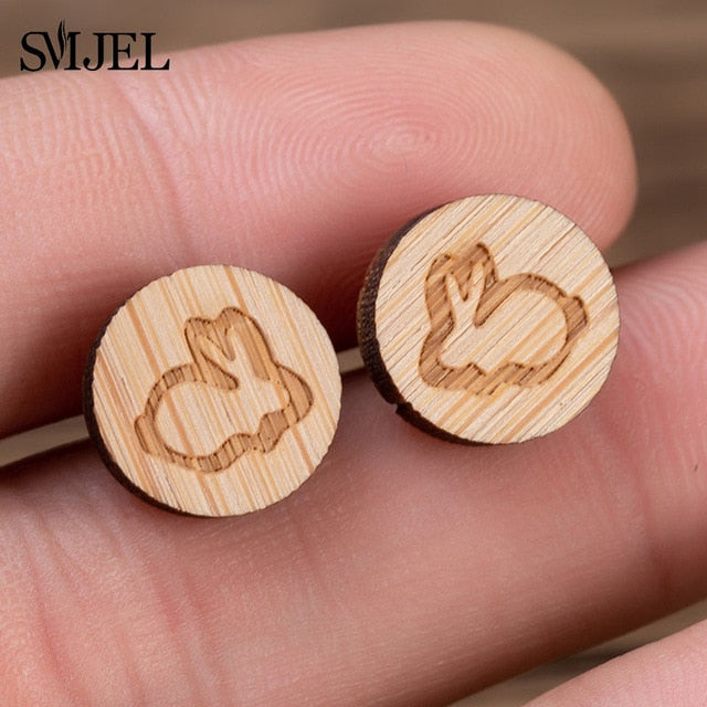 SMJEL Wood Earings Jewelry Cute Animal Fox Stud Earring for Women Girls Kids Mickey Ear Earrings Piercing Pendients Party Gifts