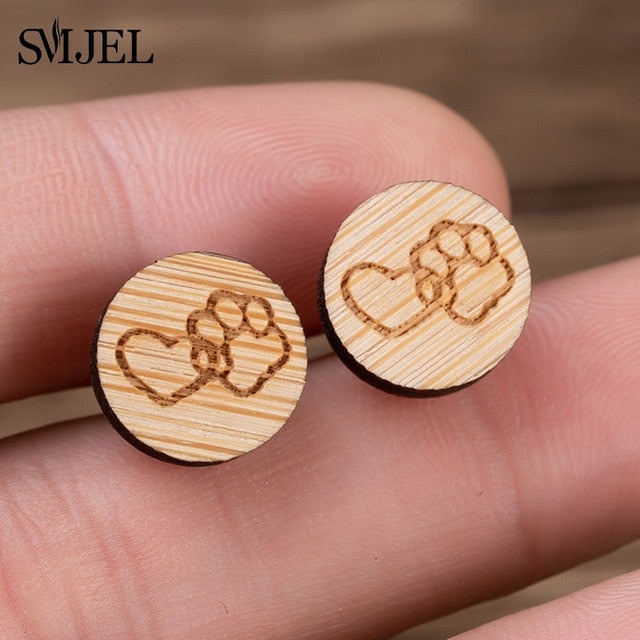 SMJEL Wood Earings Jewelry Cute Animal Fox Stud Earring for Women Girls Kids Mickey Ear Earrings Piercing Pendients Party Gifts