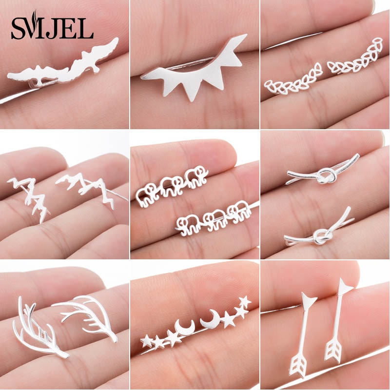 SMJEL Trendy Star Earrings Ear Climber Tiny Star Moon Stud Earrings For Women Everyday Jewelry Boho  Elephant Animal Ear Cuff