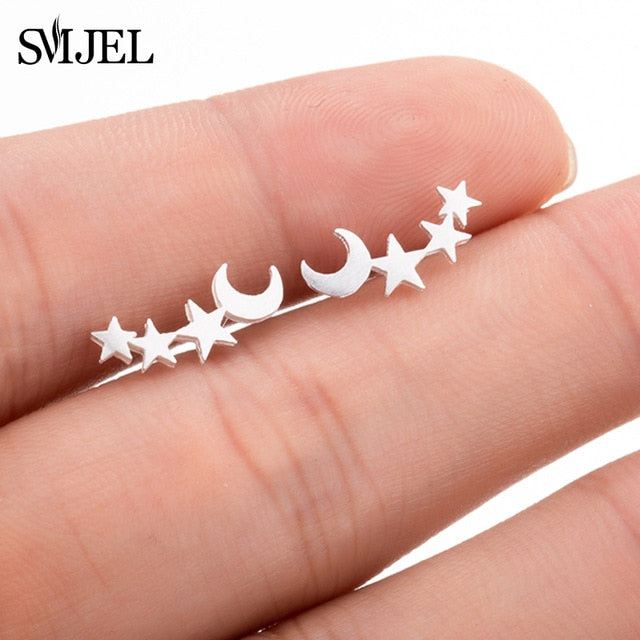 SMJEL Trendy Star Earrings Ear Climber Tiny Star Moon Stud Earrings For Women Everyday Jewelry Boho  Elephant Animal Ear Cuff