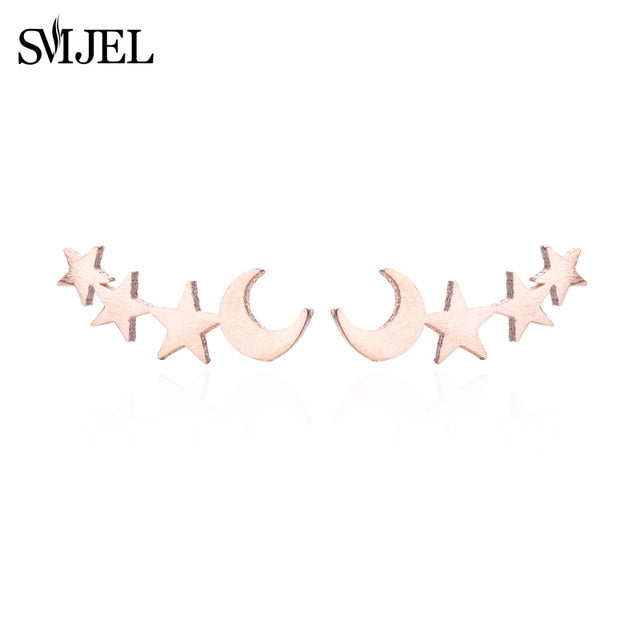 SMJEL Trendy Star Earrings Ear Climber Tiny Star Moon Stud Earrings For Women Everyday Jewelry Boho  Elephant Animal Ear Cuff