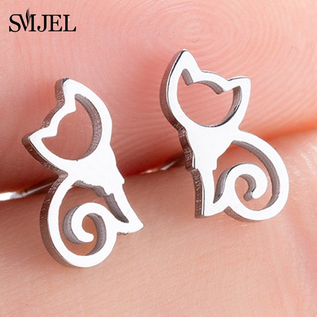 SMJEL Fashion Cute Animal Stud Earrings for Women Kids Stainless Steel Jewelry Cat Moon Star Earings Jewelry Accessories Gifts