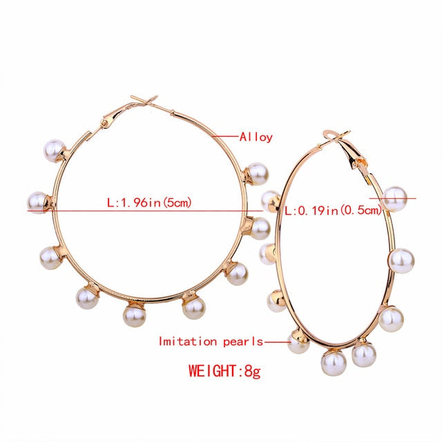 New Boho White Imitation Pearl Round Circle Hoop Earrings Women Gold Color Big Earings Korean Jewelry Brincos Statement Earrings